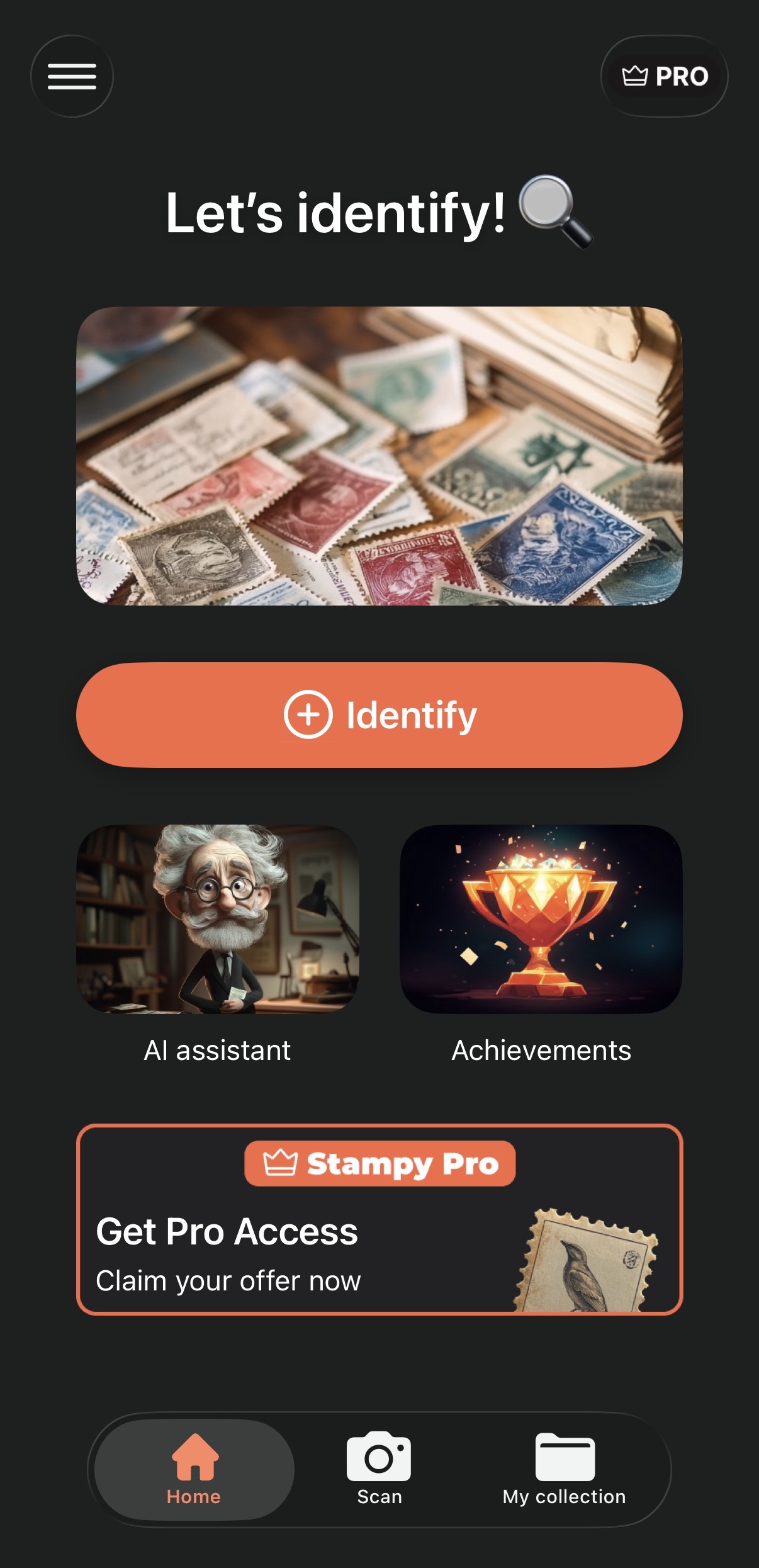Stampy app — AI stamp identifier showing stamp identification interface with camera scanner