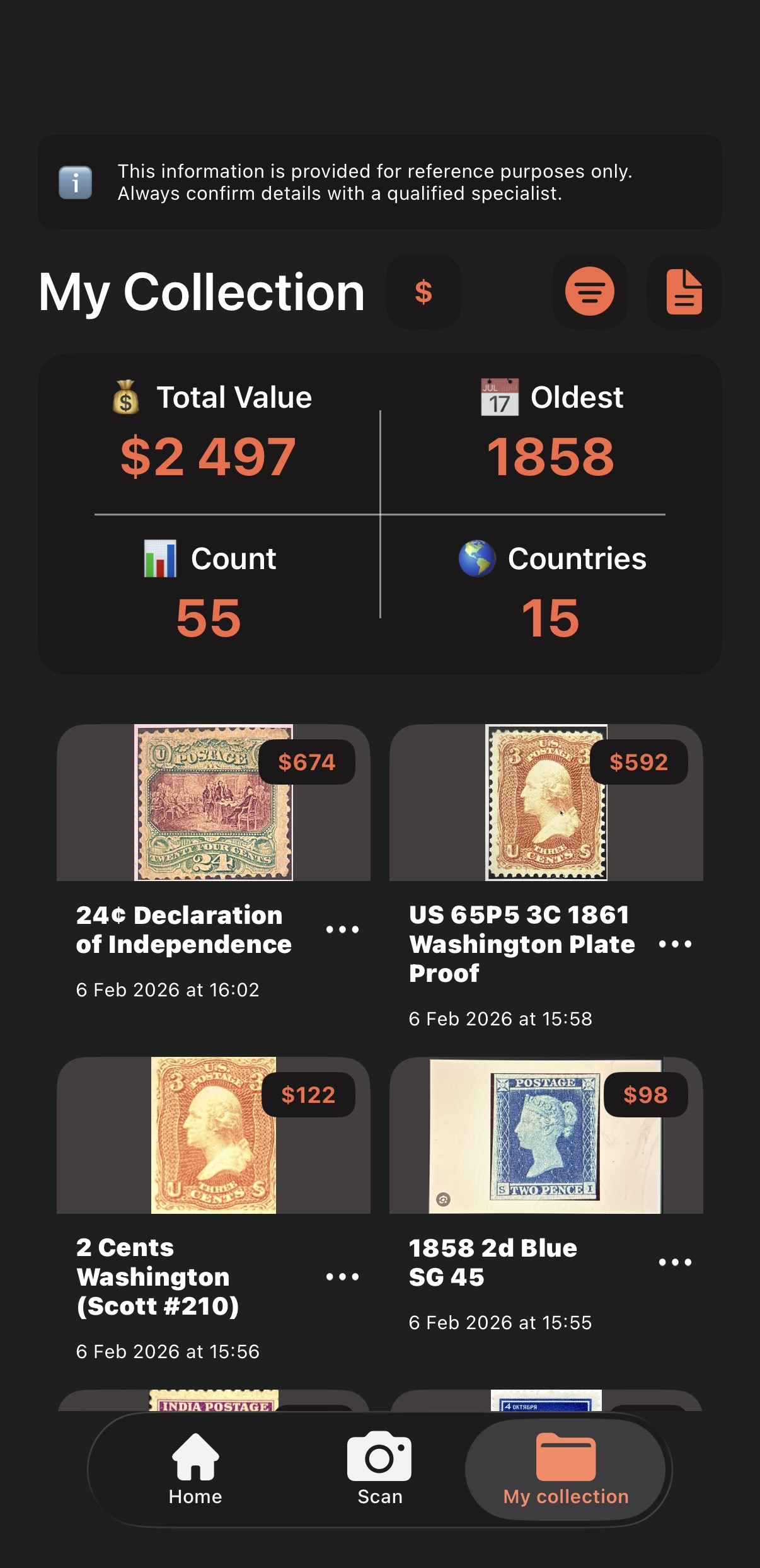 Stamp collection manager showing total collection value of $2,497 across 55 stamps from 15 countries with individual stamp cards and details