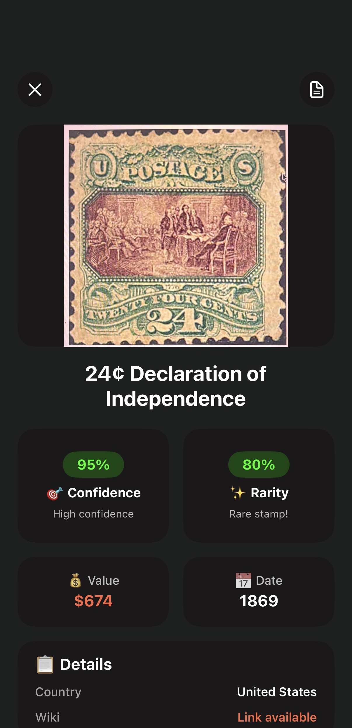 Stamp identification result showing a 24 cent Declaration of Independence stamp valued at $674 with 95% confidence and 80% rarity score