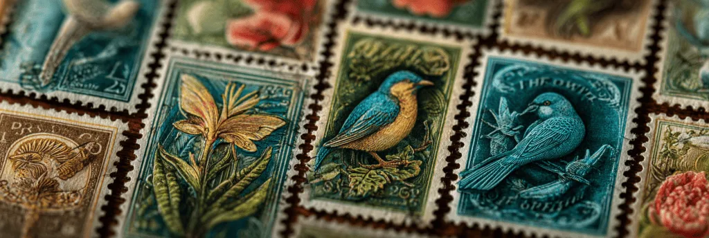 stamp collection appraisal with vintage stamps arranged for review