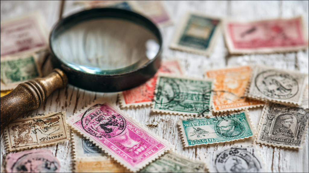 Vintage stamp collection spread on table with magnifying glass for valuation