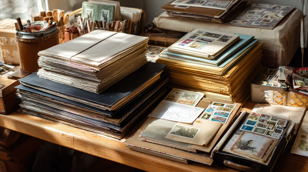 Large stamp collection in albums spread on table for valuation