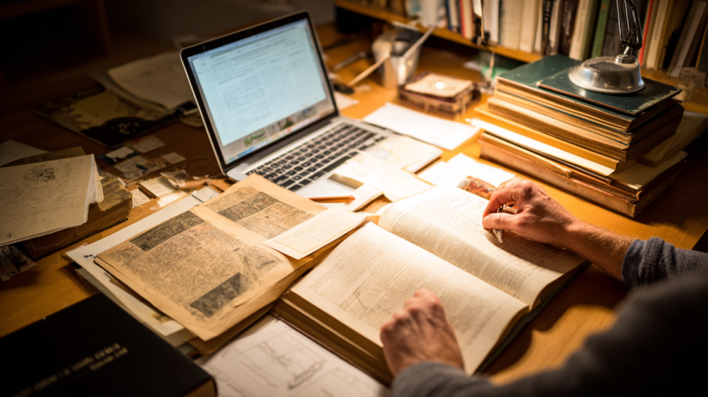 Collector researching stamp valuation using catalogue and laptop