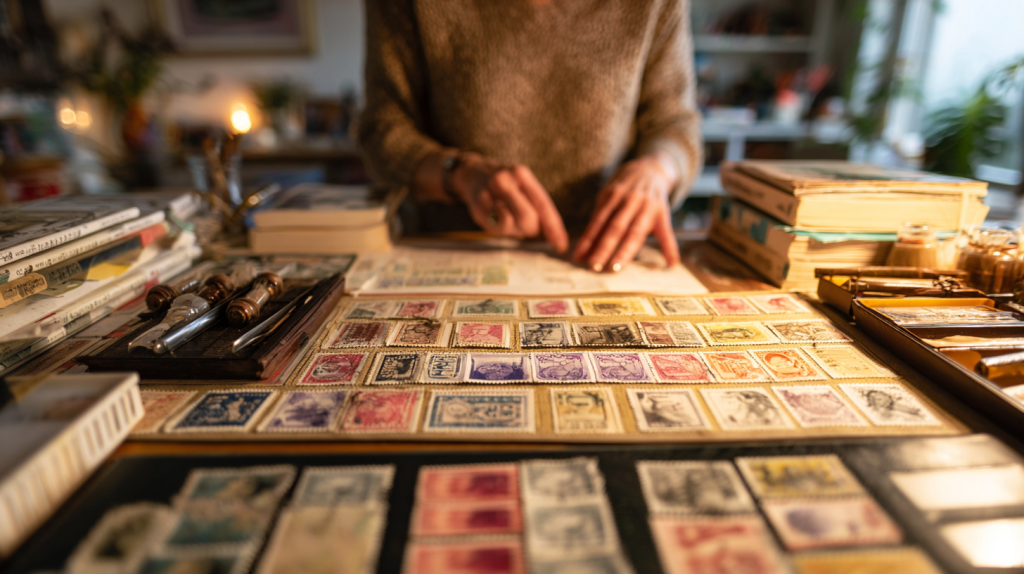 Collector sorting stamps into categories as first step of stamp collection valuation