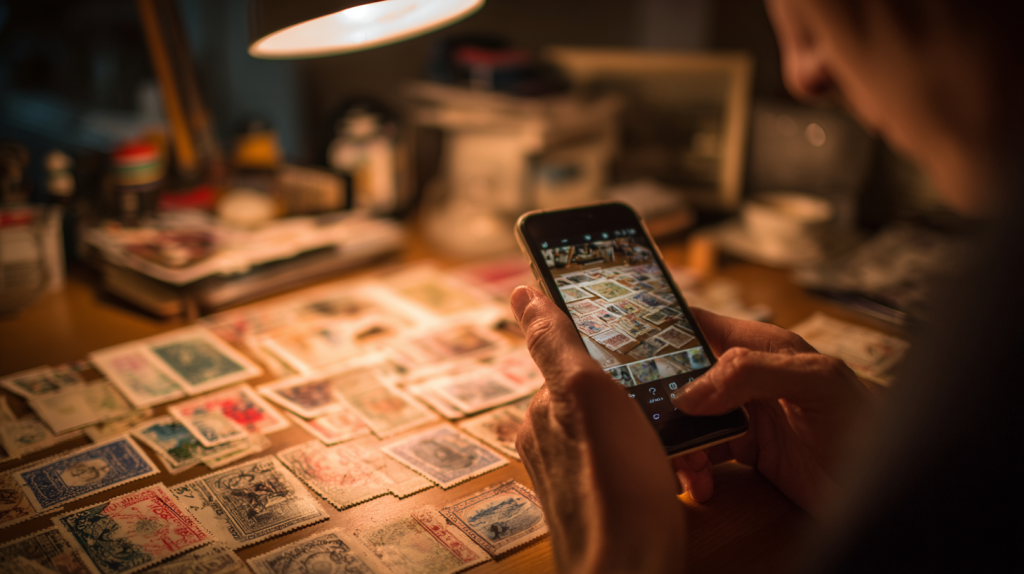 Person photographing old stamps with smartphone app to check value before selling