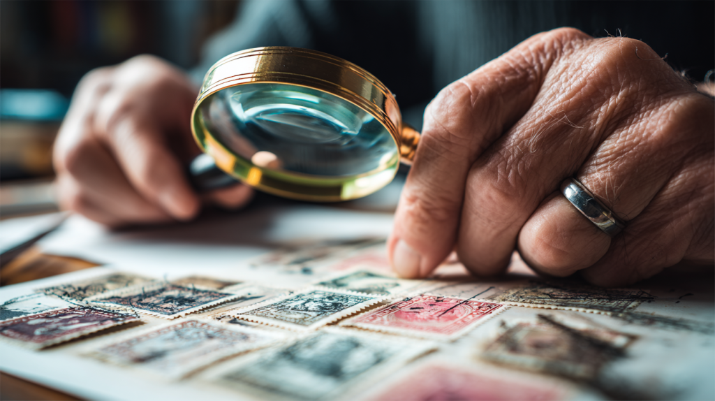 Professional philatelist examining stamps with loupe for expert stamp valuation