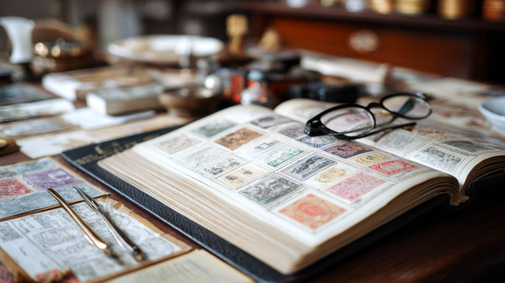 Open stamp catalogue used for stamp collection valuation research