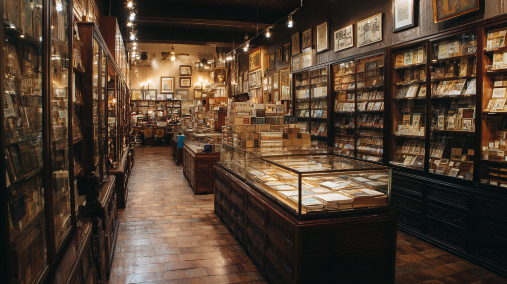 Stamp dealer shop with display cases for buying and selling stamp collections
