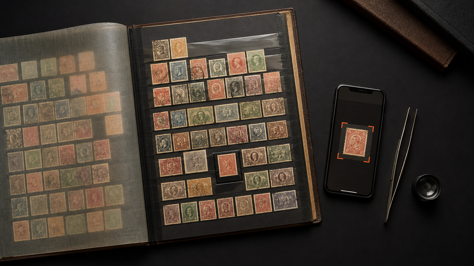 stamp value scanner reviewing an old stamp album