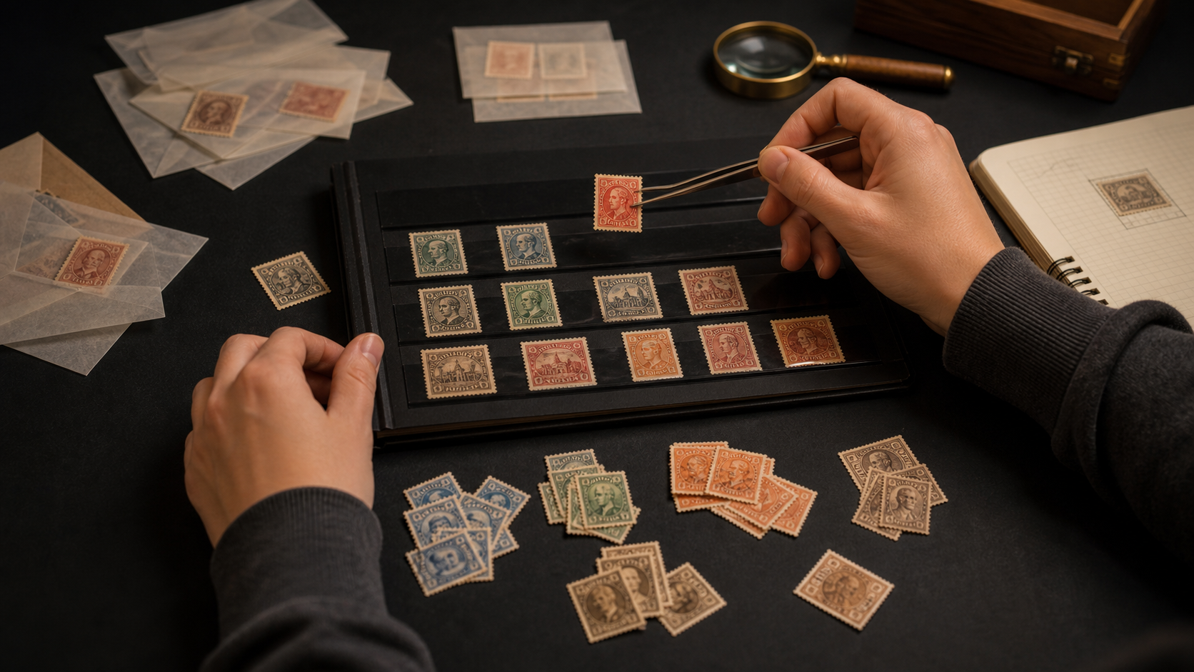 organizing stamp collections with tongs and album pages