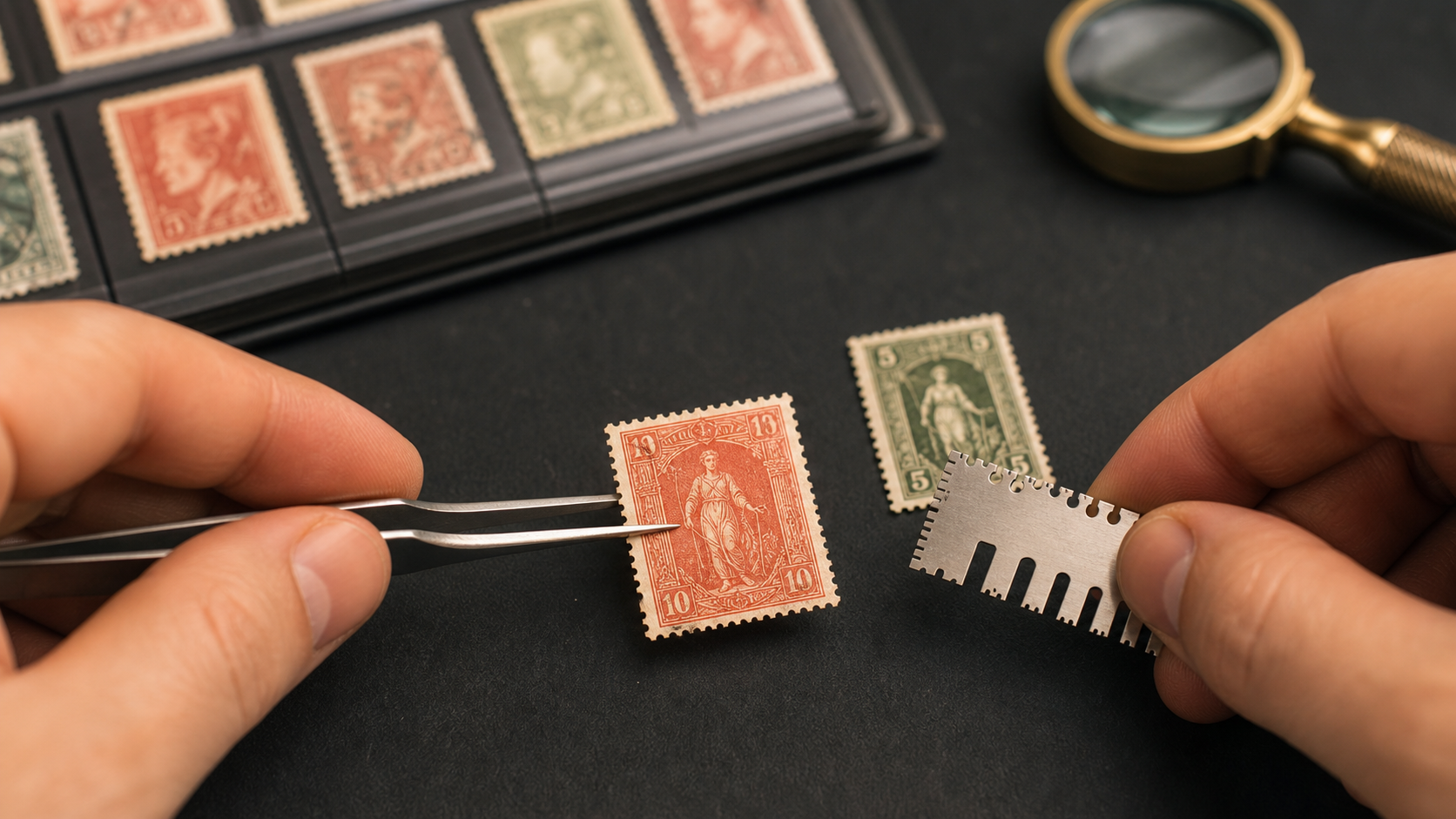 stamp identification perforation check with stamp tongs