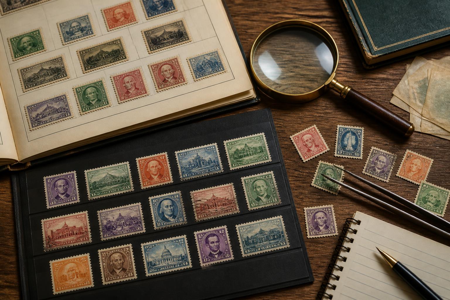 Vintage stamp collecting tools and old postage stamps on a desk