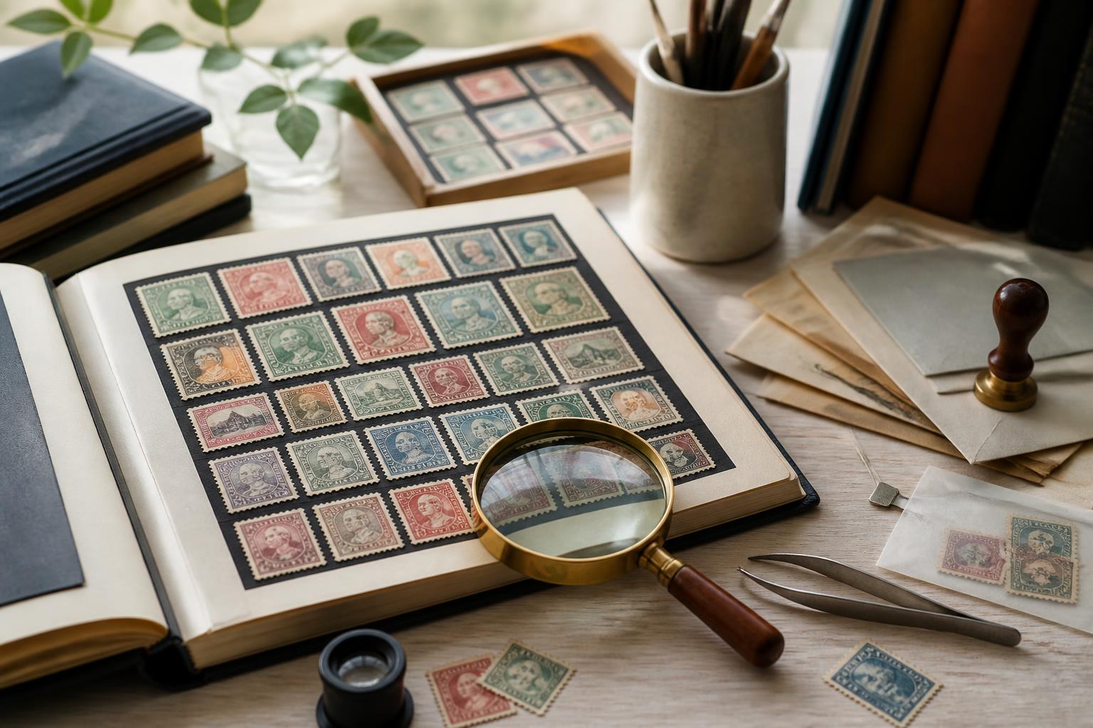 Vintage postage stamp collection with magnifying glass and appraisal tools