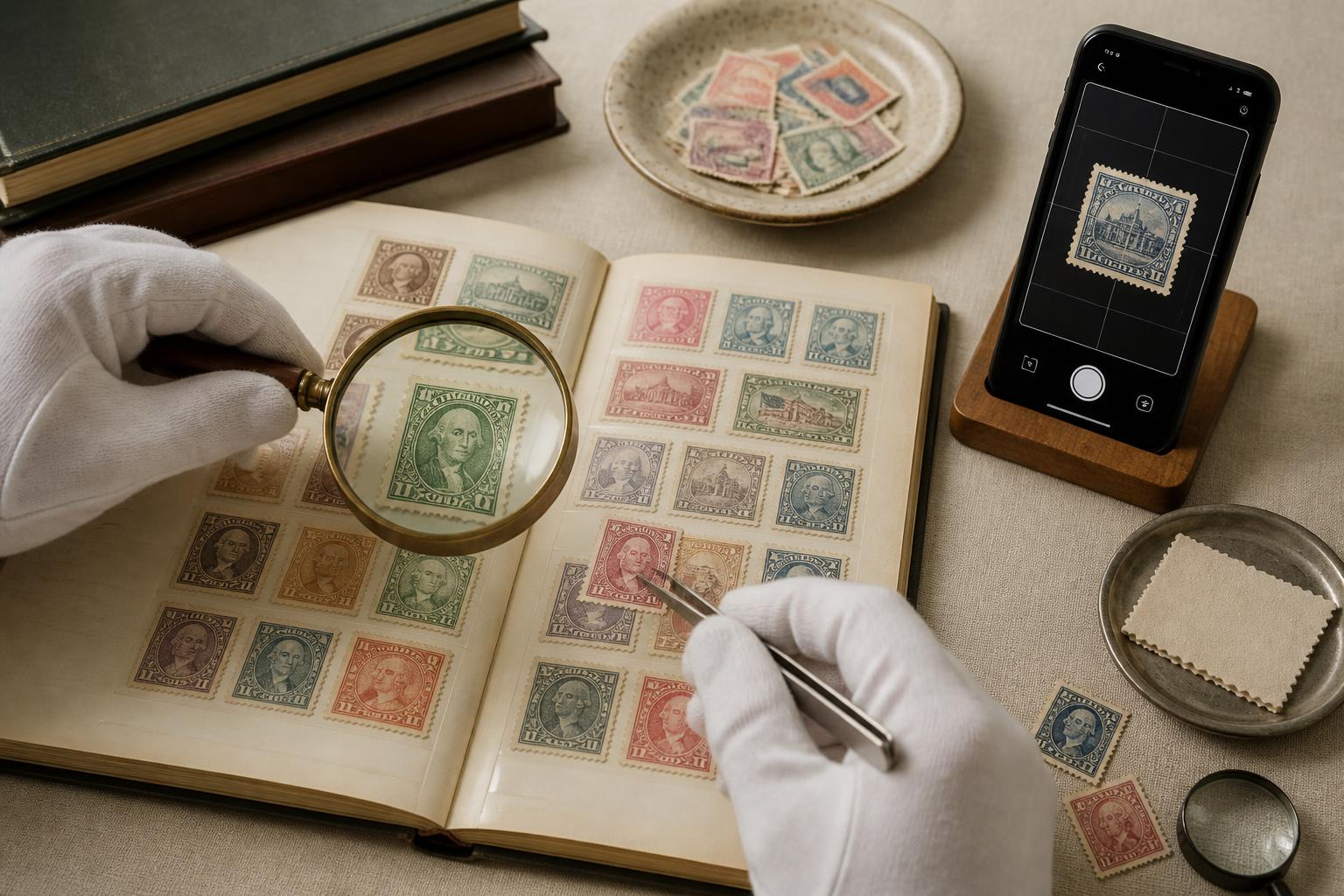 Vintage U.S. postage stamps being examined with magnifying tools for valuation