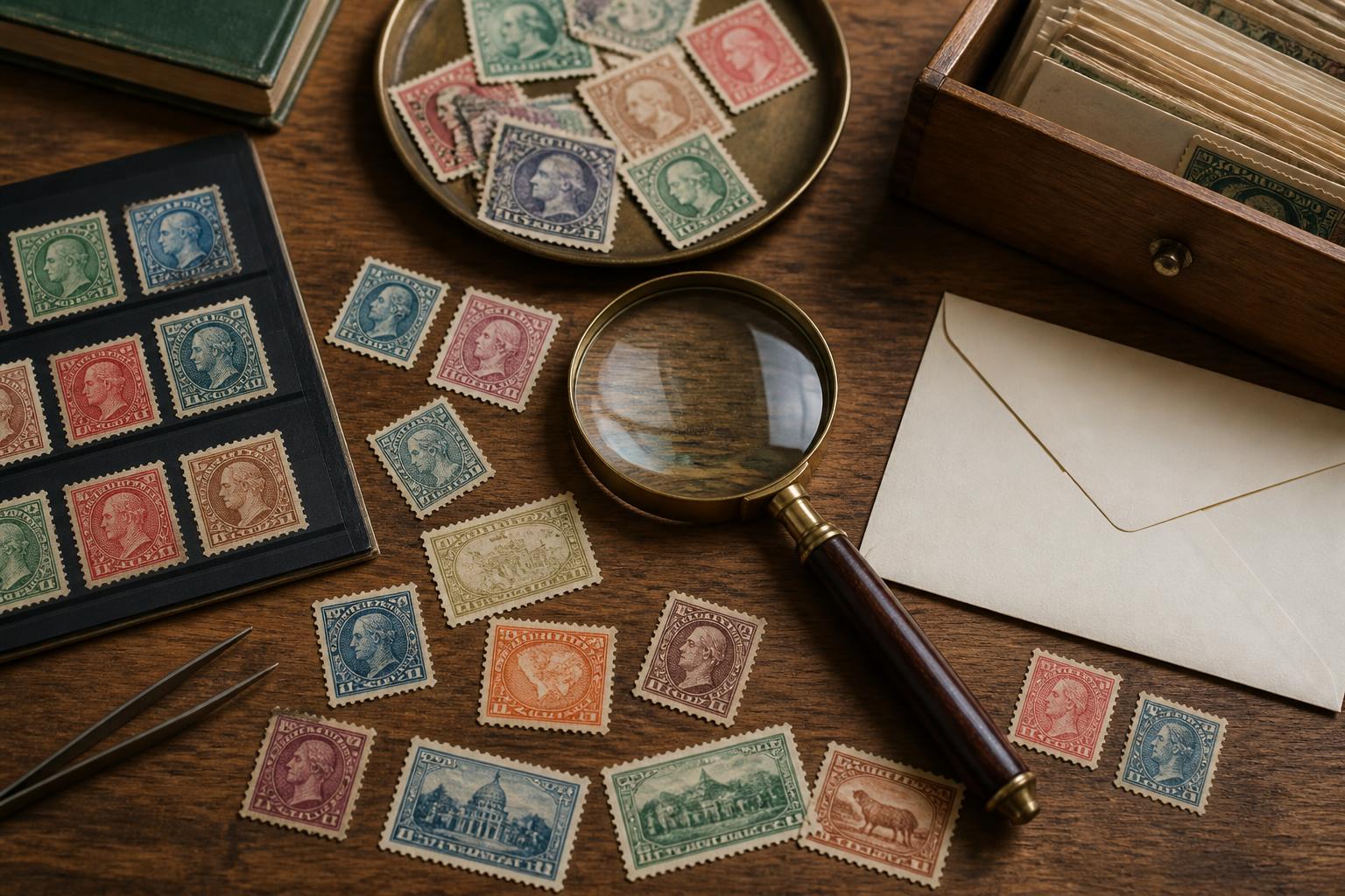 Postage stamps and a magnifying glass on a desk for stamp value checking