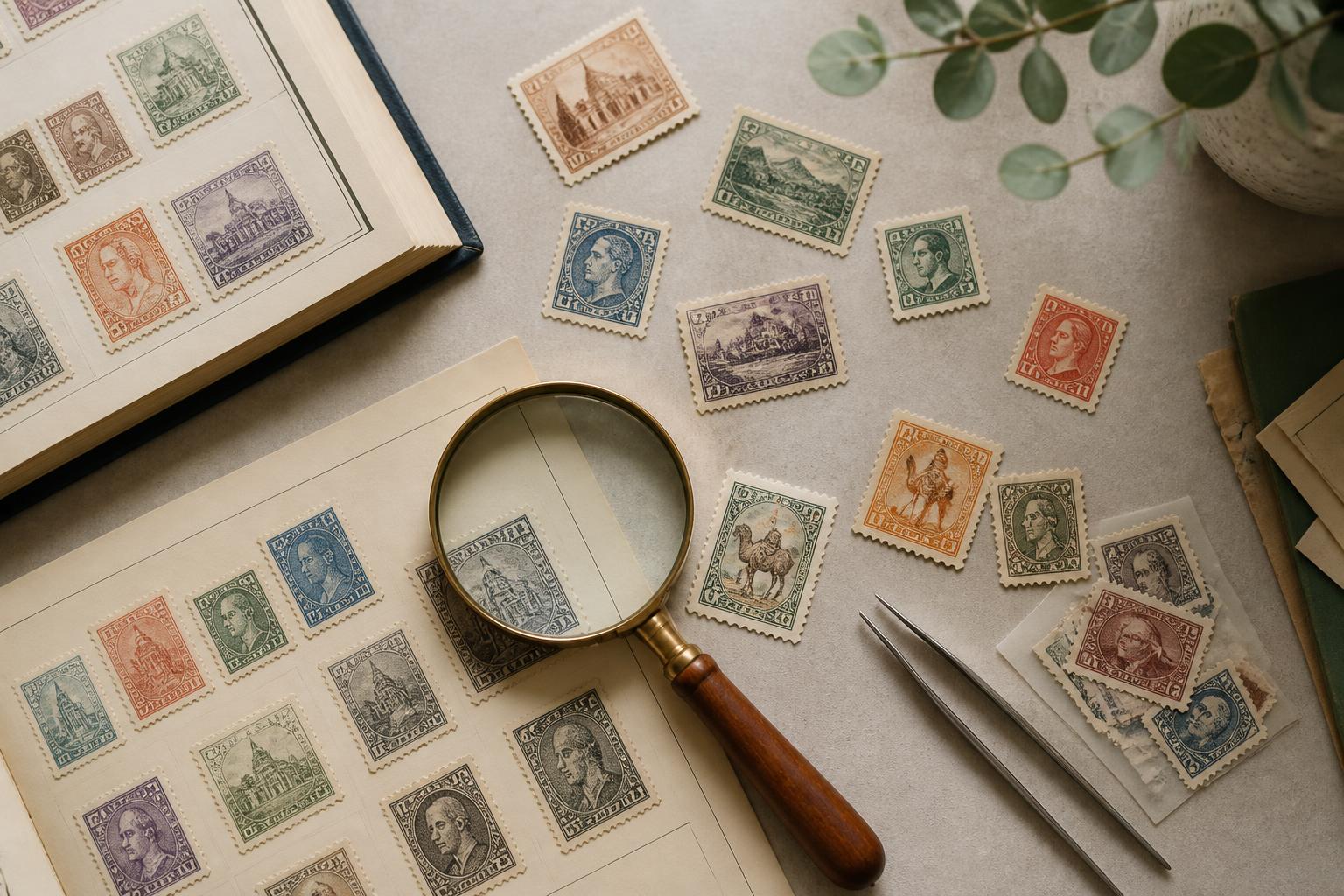 Vintage international postage stamps with a magnifying glass and catalog pages on a desk