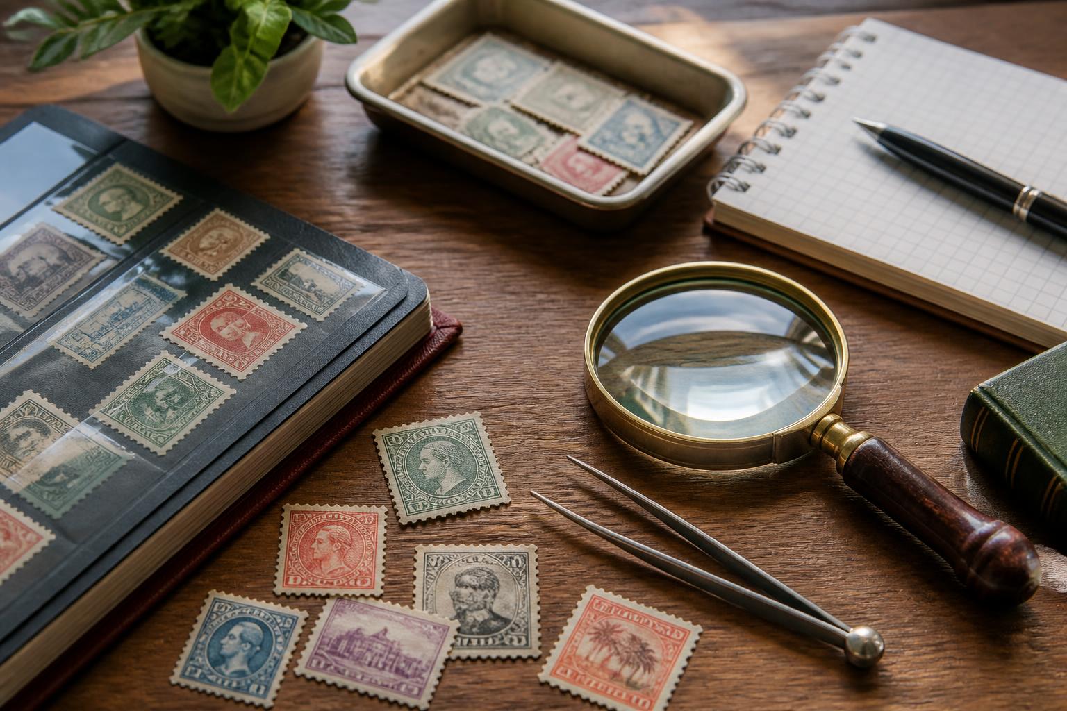Collector tools and vintage postage stamps arranged for valuation