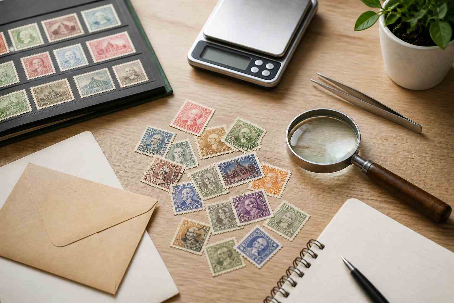 Assorted postage stamps and mailing tools on a desk