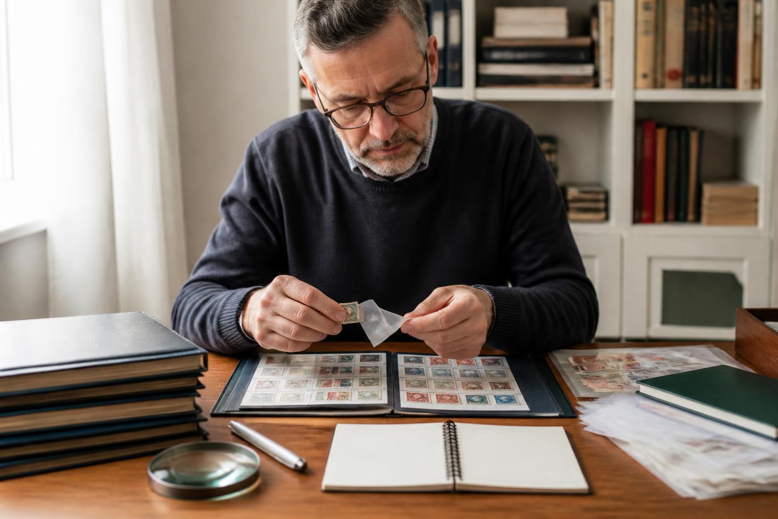 briefmarken schaetzen lassen: Sammler bereitet eine Briefmarkensammlung mit Lupe und Alben für die Bewertung vor