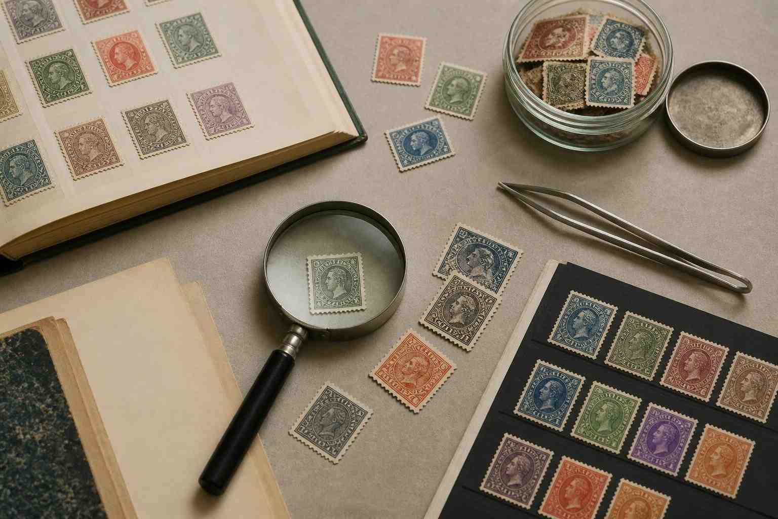 Vintage-Briefmarken, Lupe und Katalogseiten auf einem Schreibtisch
