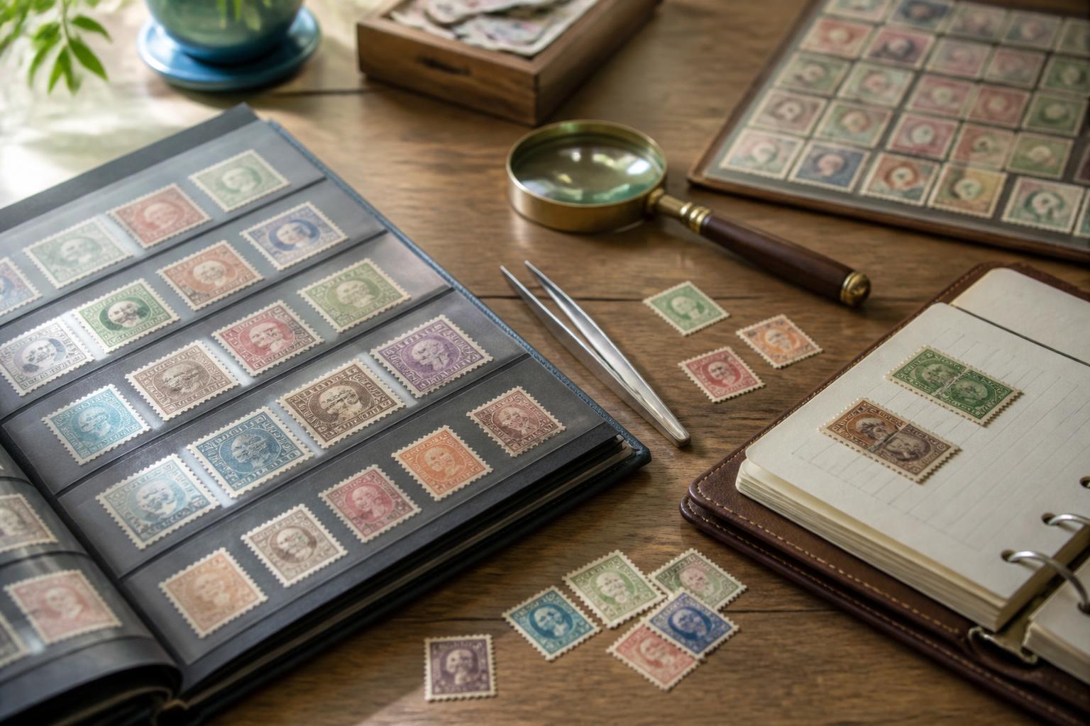 collection timbres valeur: Collection de timbres anciens avec loupe et carnet d’inventaire sur une table.