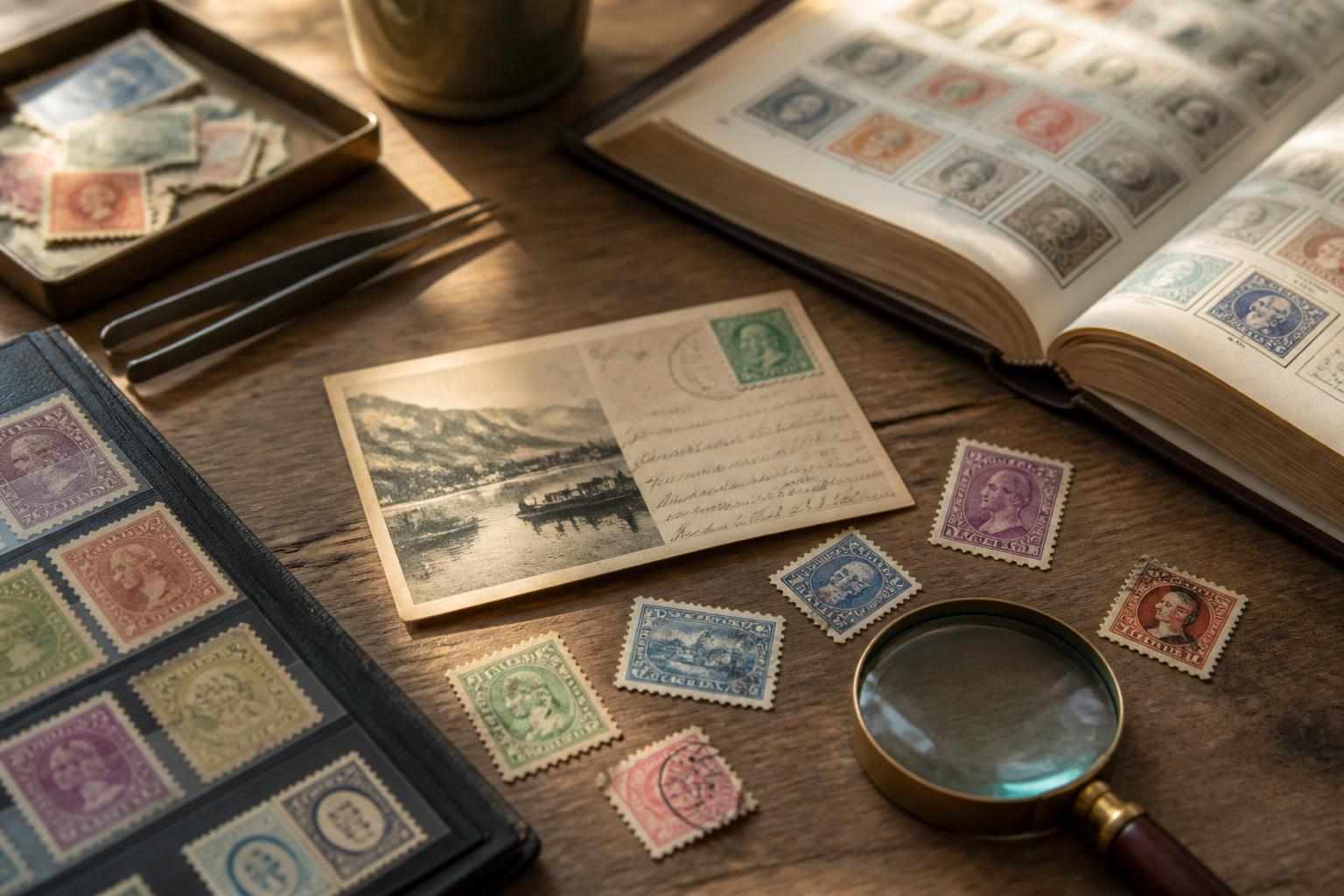 Vintage postcard and postage stamps on a collector’s desk with a magnifying glass