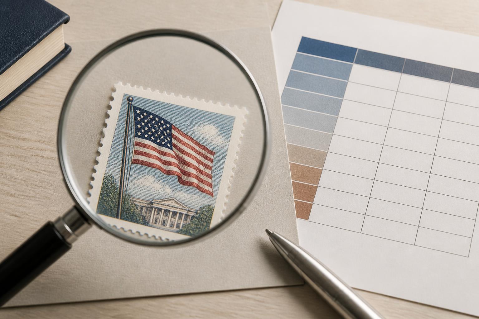 current price of first class stamp: A postage stamp being examined with a magnifying glass beside rate notes