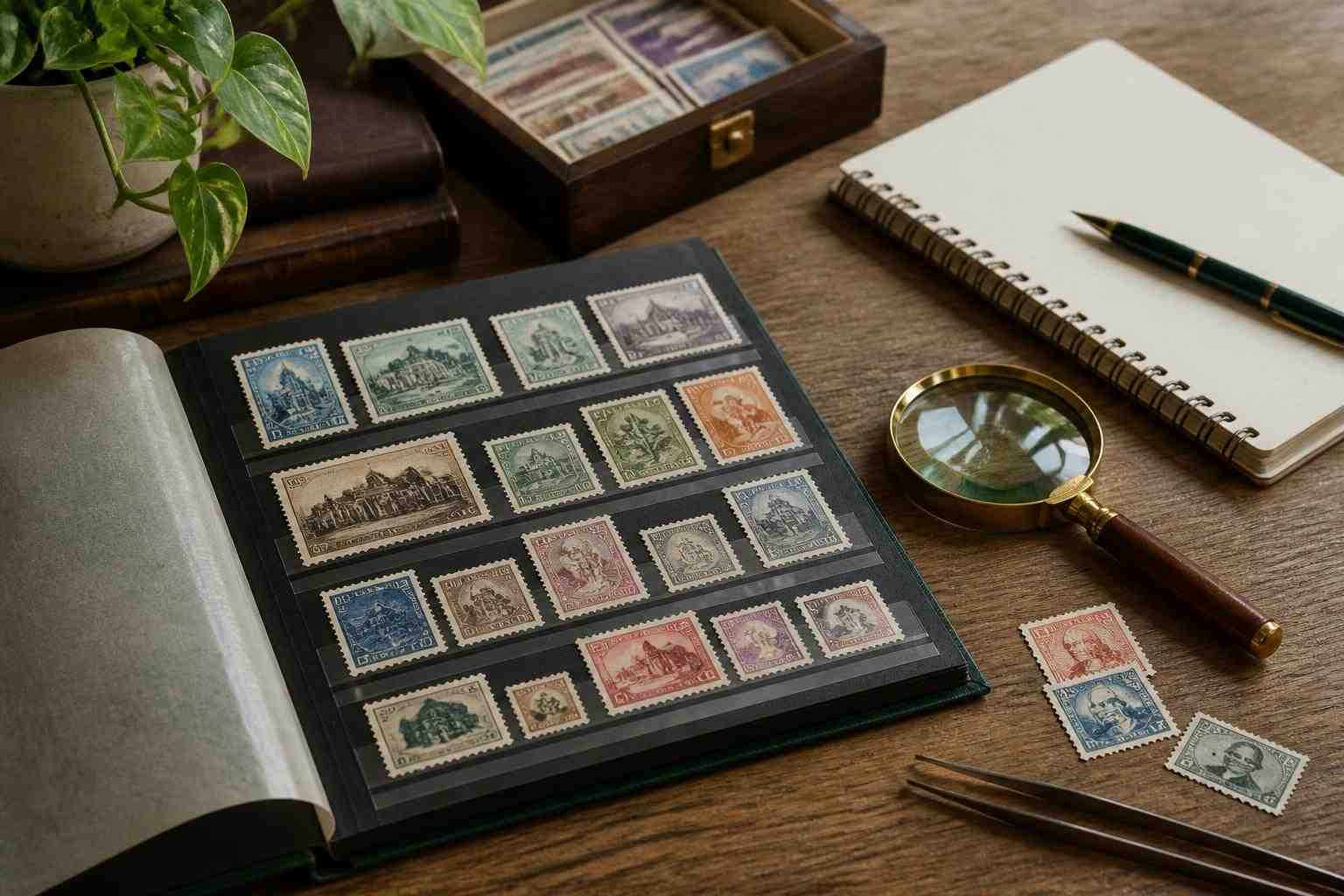 A collector examining postage stamps with a magnifying glass on a neutral tabletop