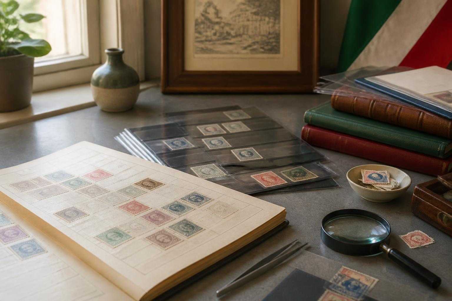 Francobolli antichi su un tavolo con lente, pinzette e album da collezione