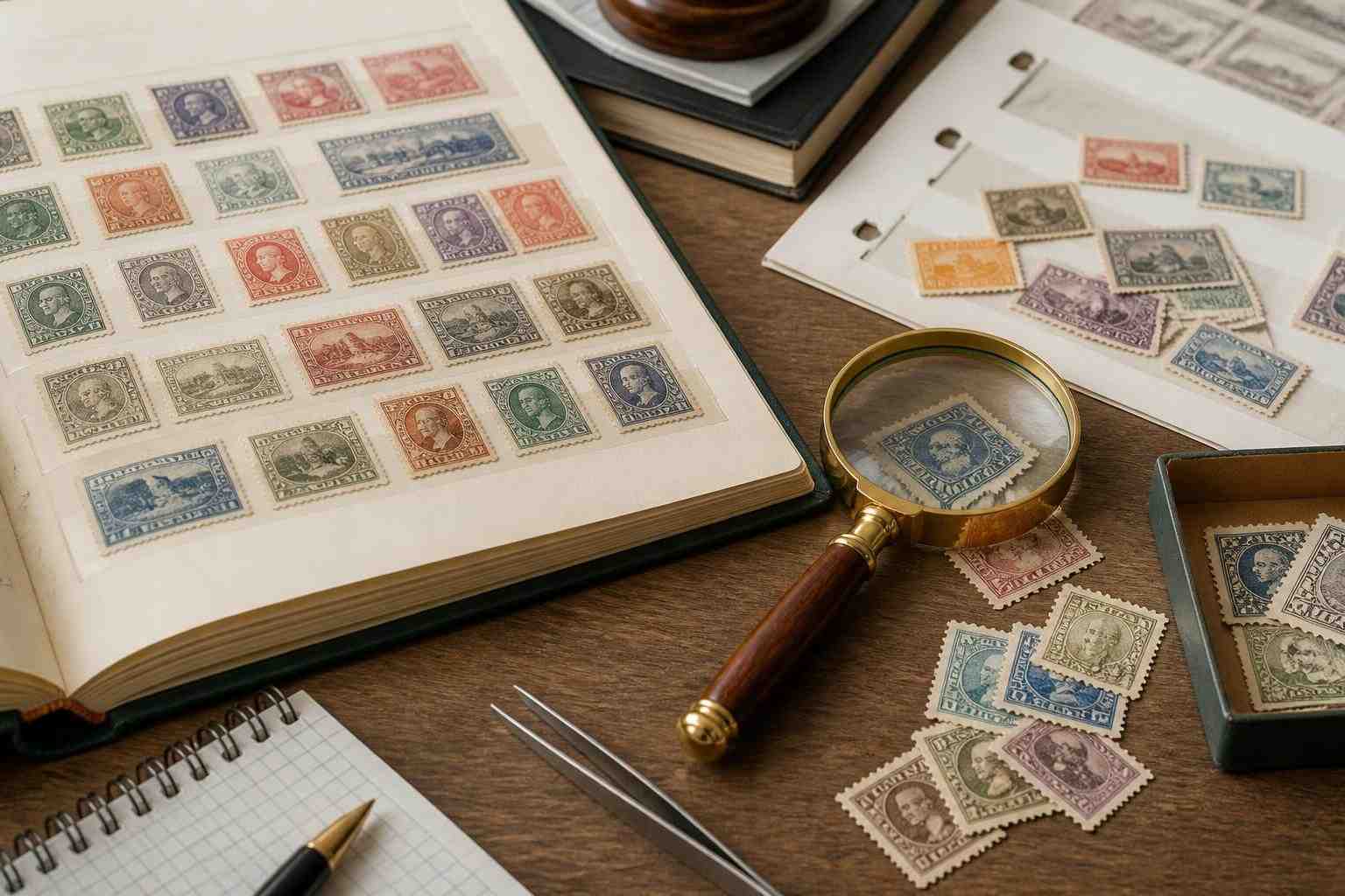 Vintage stamp collection with a magnifying glass and catalog pages on a desk