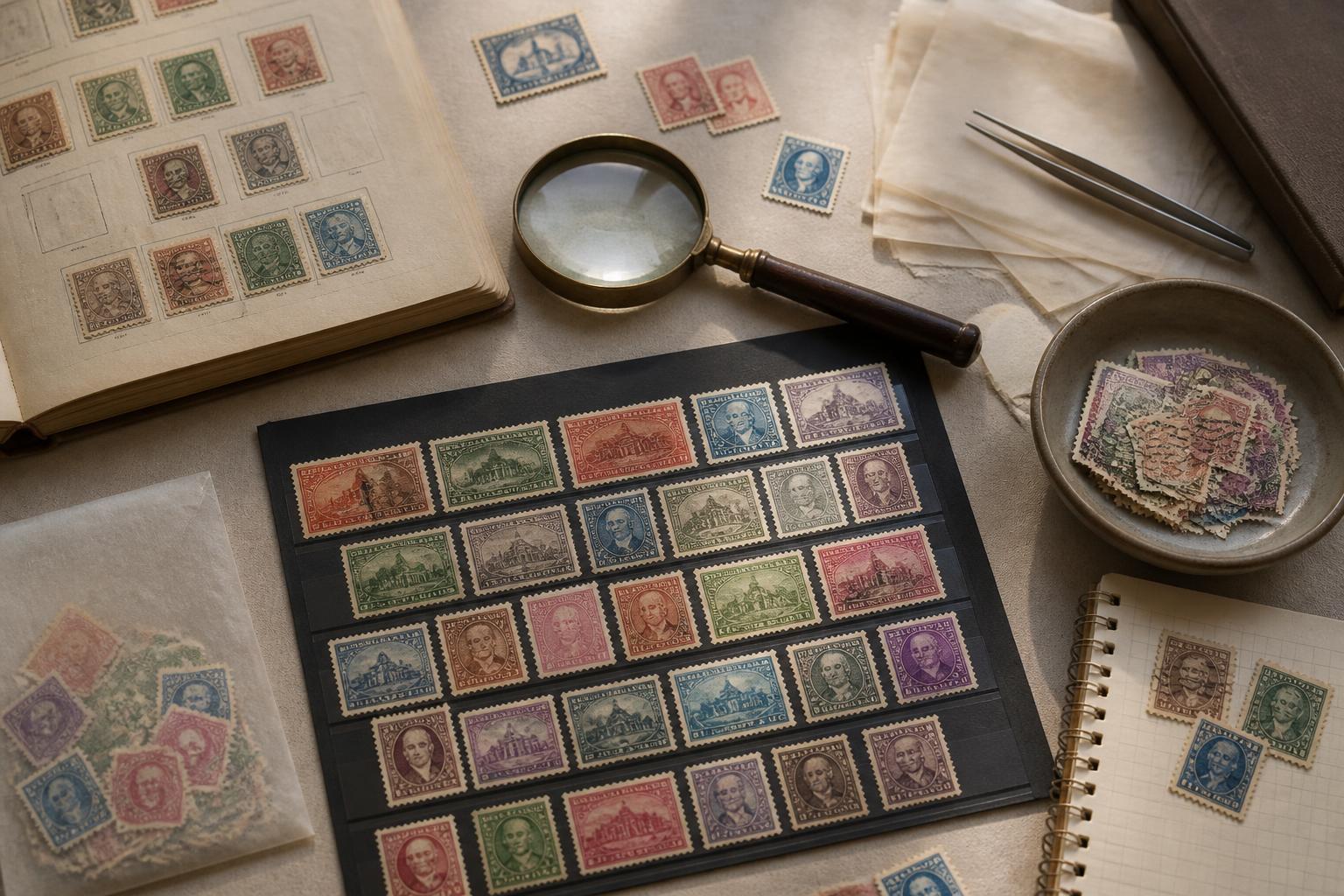 lincoln 4 cent postage stamp value: Vintage stamp collection with magnifying glass and archival sleeves