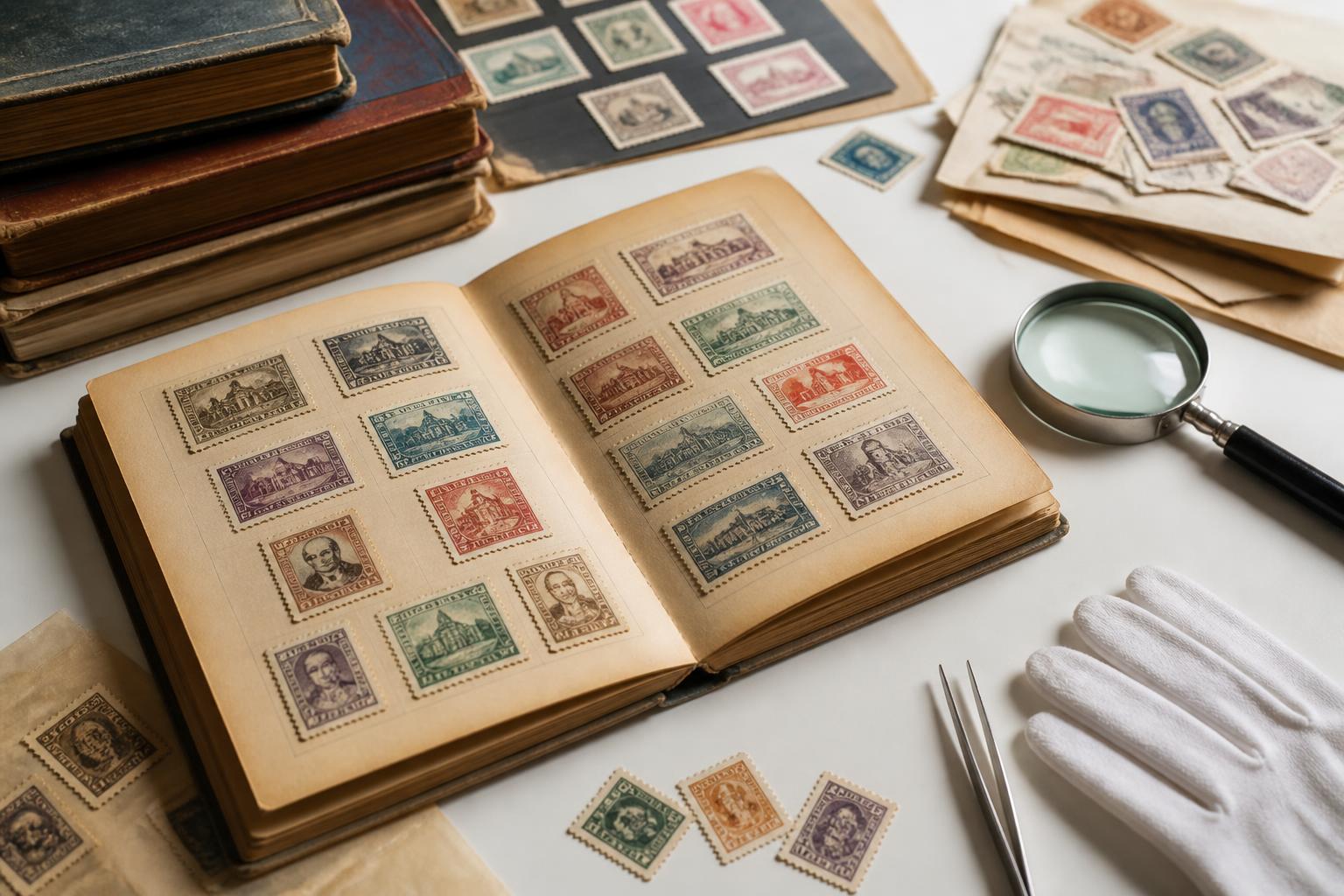 Vintage stamp collection with magnifying glass and archival tools for evaluating Polish stamps