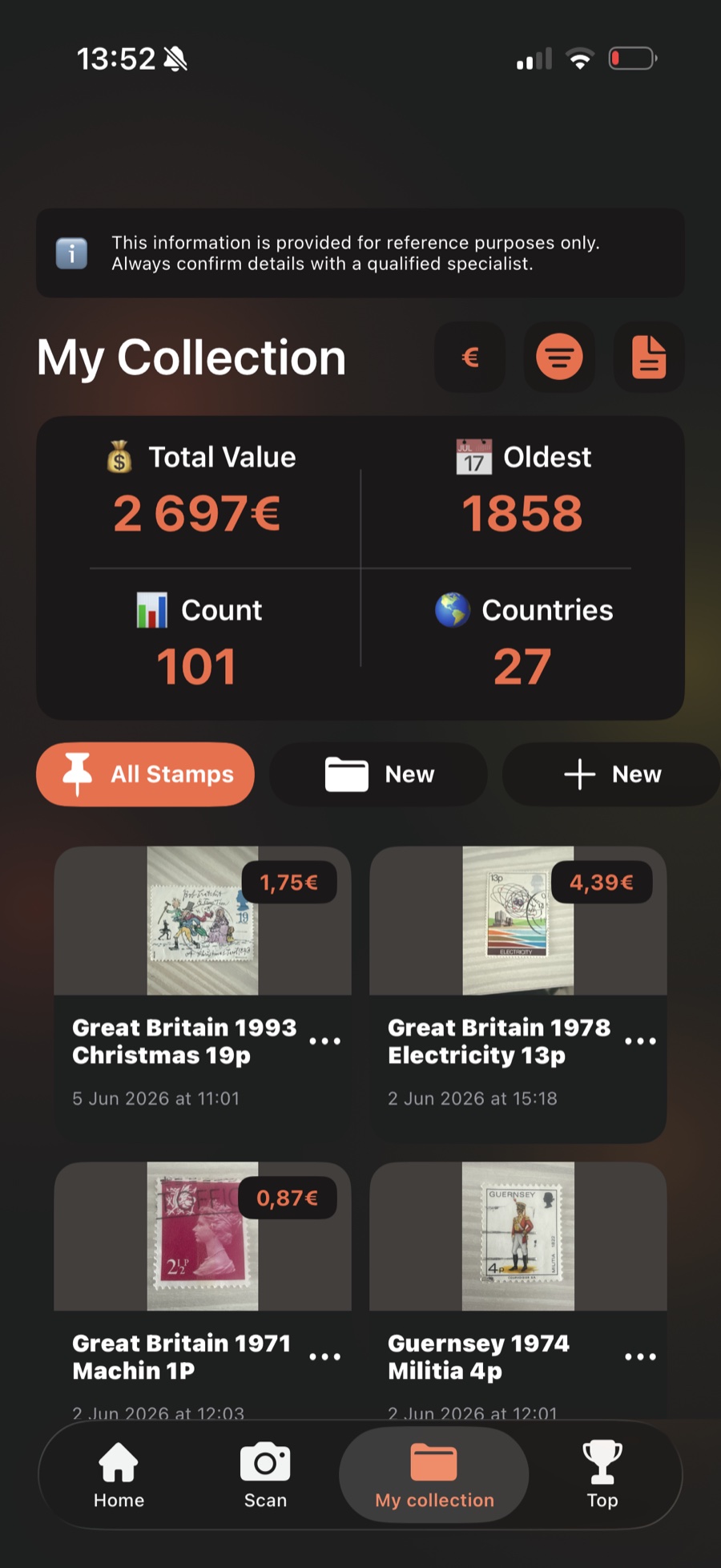 My Collection in Stampy with total value, stamp count, and countries