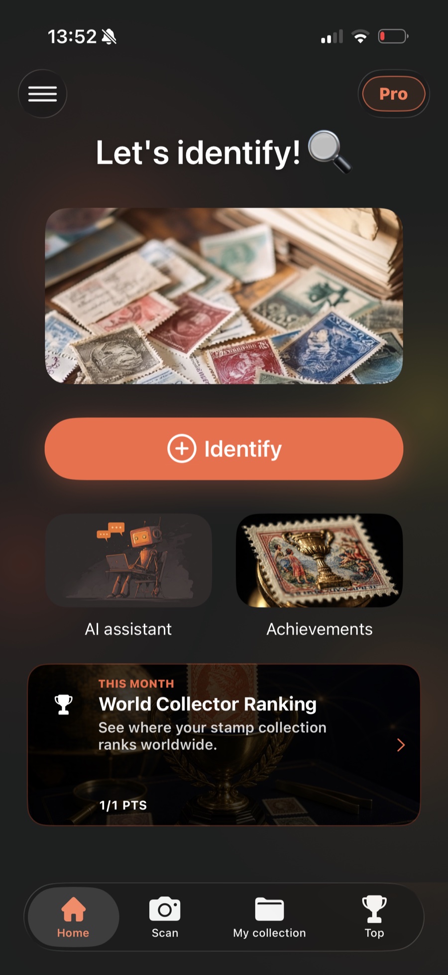 Stampy app home screen — identify any stamp by photo