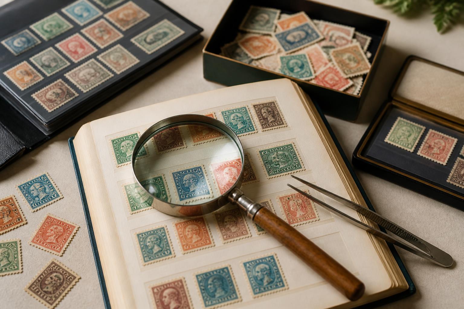 timbre rare: Collection de timbres anciens examinée avec une loupe sur un bureau