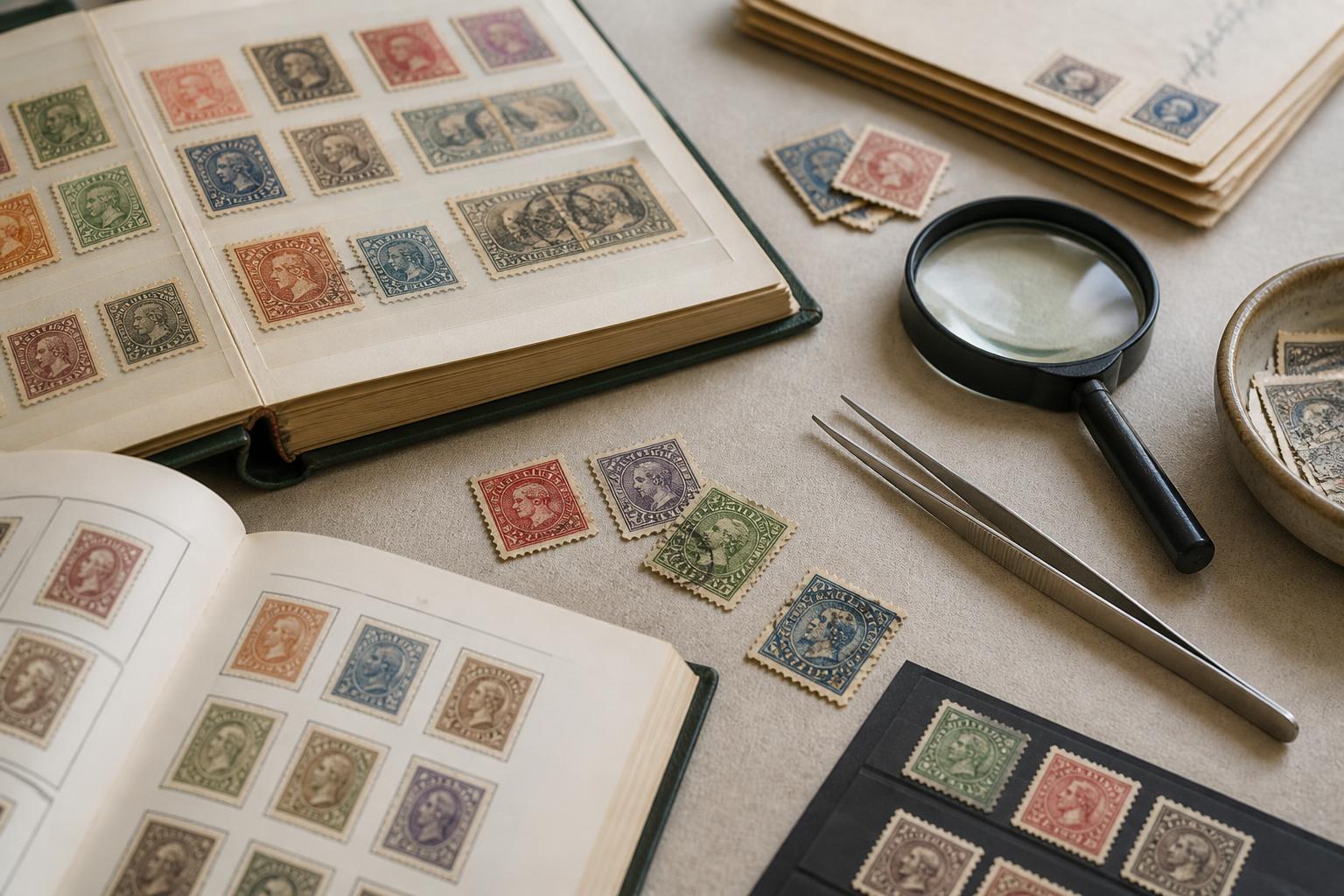 valeur timbre: Timbres anciens, loupe et accessoires de collection sur un bureau