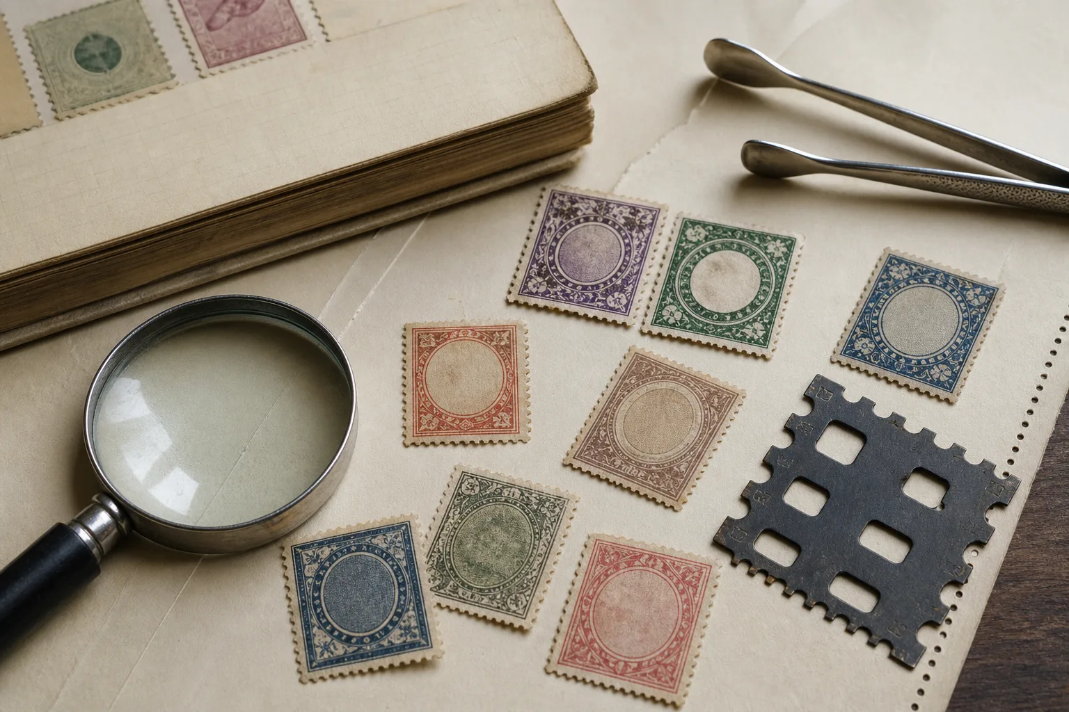 Collector tools beside anonymous vintage postage stamps for careful identification.