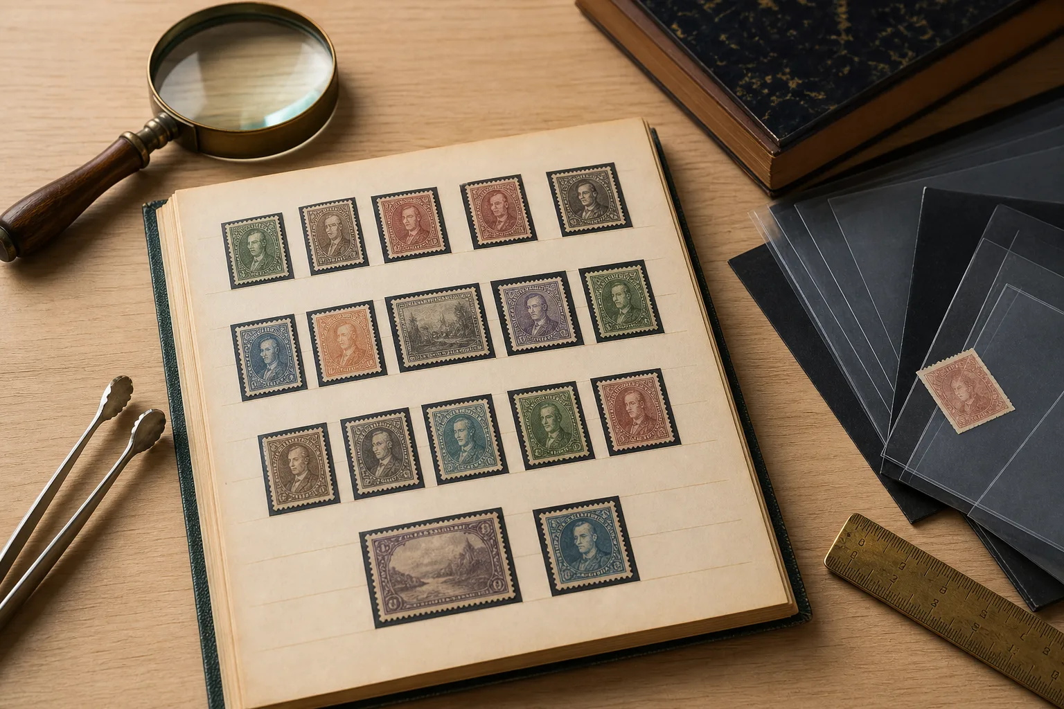 Stamp album supplies arranged for examining a postage stamp.