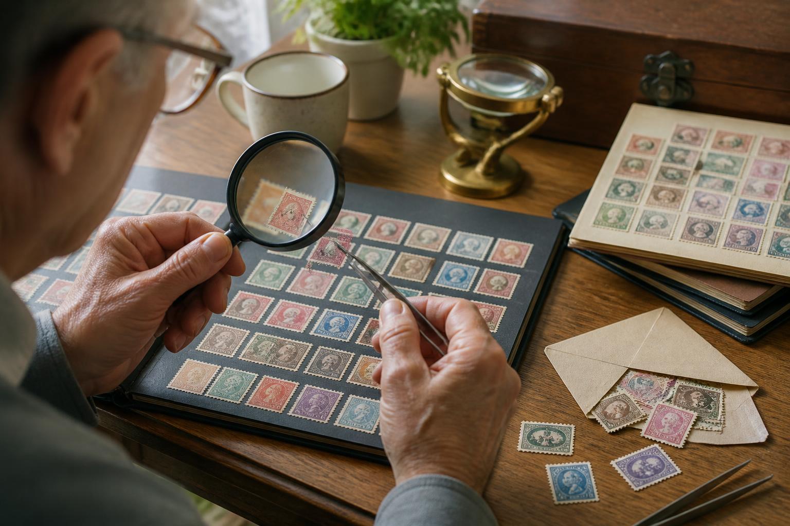 postage stamps that are valuable: Collector examining vintage postage stamps with a magnifying glass on a tabletop