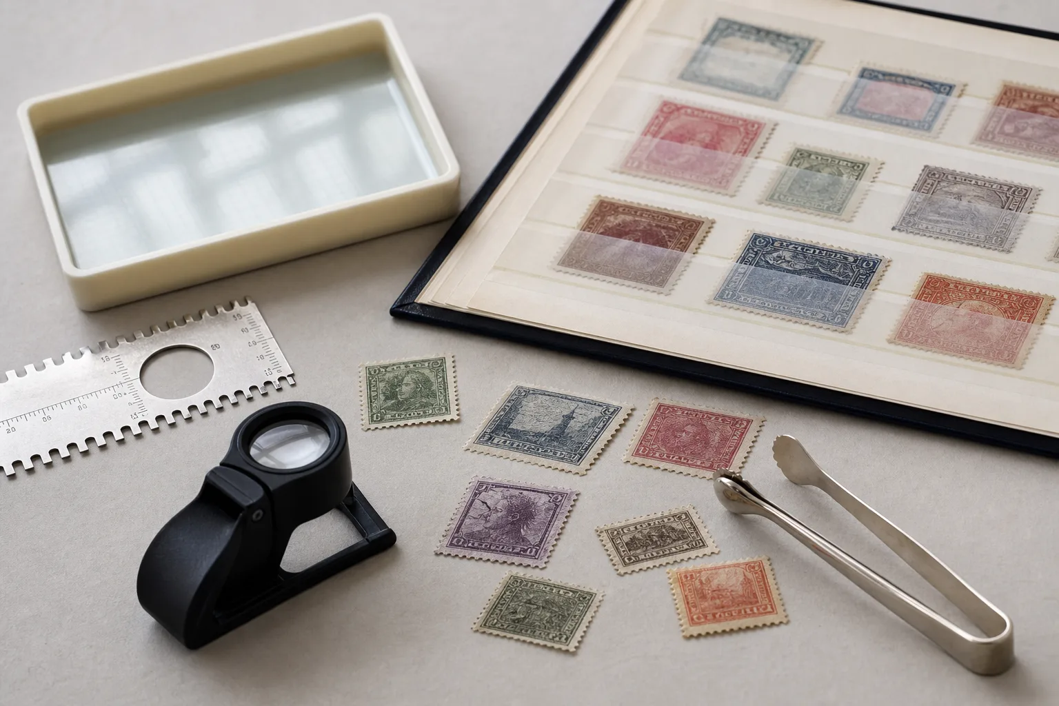 Briefmarkensammlung mit Lupe, Pinzette und Werkzeugen zur Prüfung von Zähnung und Papier.