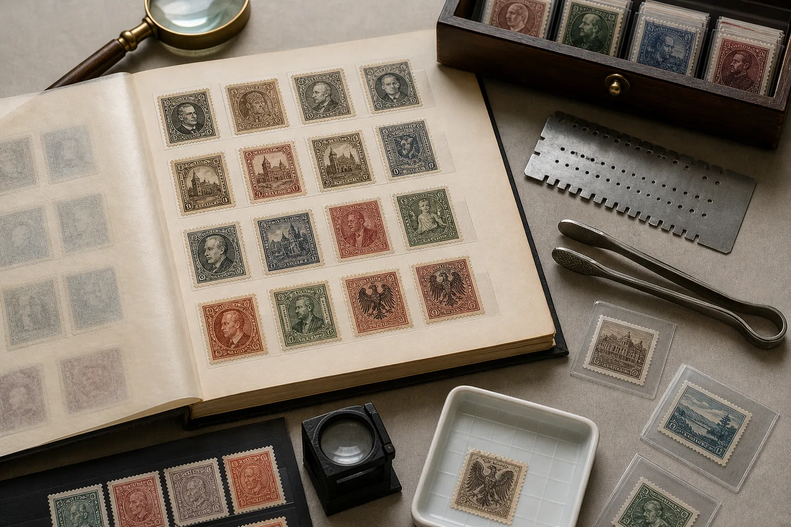 Stamp identification tools beside a carefully preserved collection of historical German stamps.