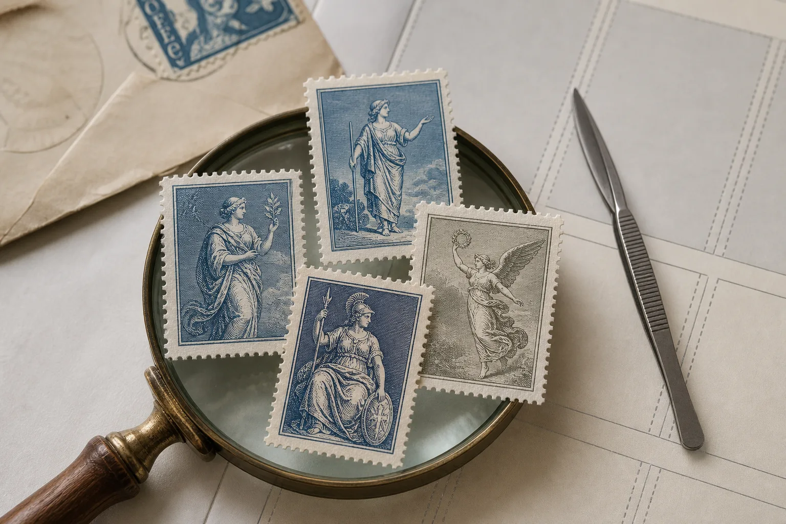 Timbres de collection observés avec une loupe et un outil de mesure de dentelure.