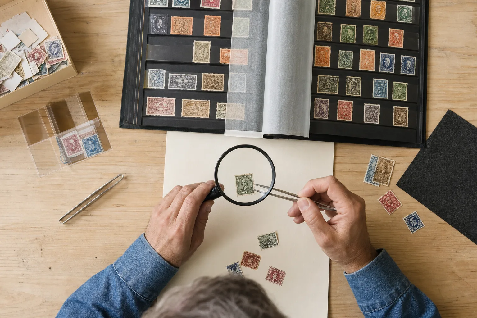 Illustration éditoriale d’un album de timbres : aucun spécimen présenté comme authentique.